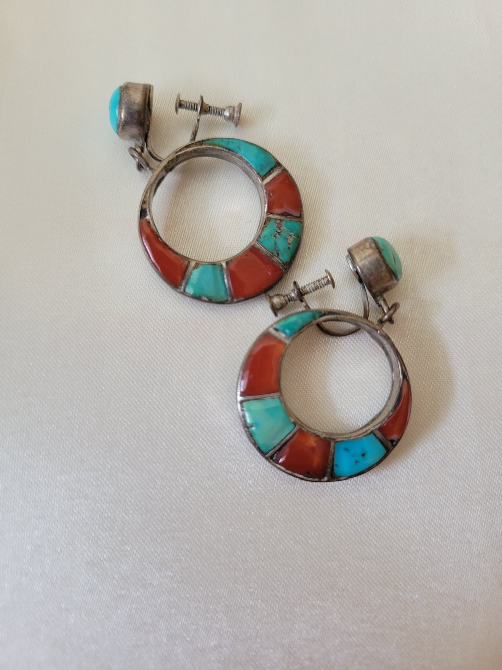 Turquoise & Coral Inlay Hoop Earrings - Women Jewelry